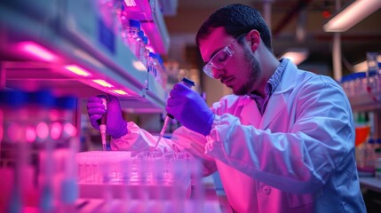 A man in a lab coat is working with a machine that is labeled "pulse." He is wea