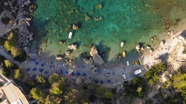 Drone view of Anthony Quinn Bay in Faliraki, Rhodes Island, Greece.