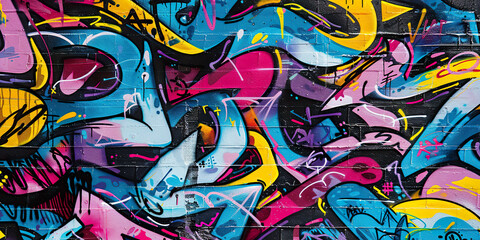 Fototapeta premium Graffiti street art abstract mural spray paint background wallpaper Backdrop. Tags, wildstyle throw up, piece, expressive wall painting in blue, purple, yellow and pink colors