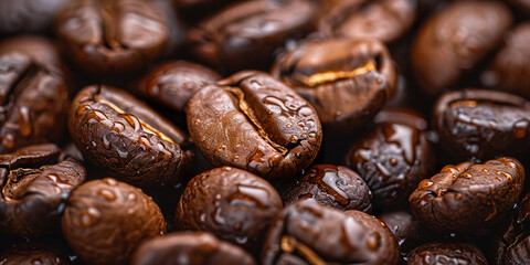 Obraz premium Fresh clean wet coffee beans close up cinematic background wallpaper backdrop. Dew, water drops, refreshing, rich dark colors, brown, brewing process, product shot