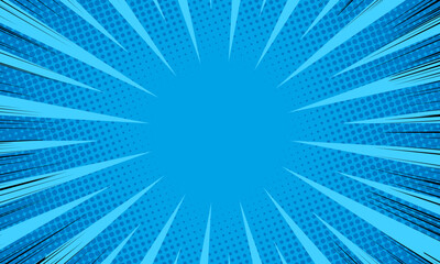 comic background with dot halftone and rays on blue