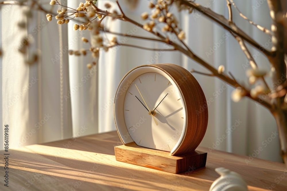 Aufkleber A clock sits on a wooden table, providing a simple and rustic time-telling device