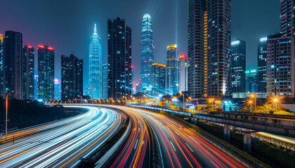 Obraz premium A city at night with a lot of traffic and tall buildings by AI generated image