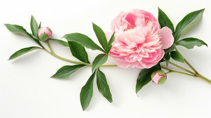 Pink peony flower with bud on green leaves on white background for greeting card or invitation Spring floral close up for flat lay