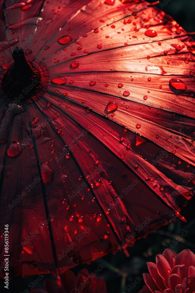 Poster a close-up shot of a red umbrella with water droplets on its surface