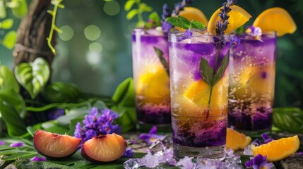 Green glass decorated with fresh purple flowers & lush green leaves, bright and natural atmosphere