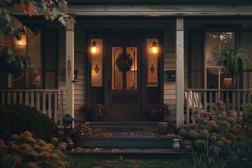 A front door of a house with a beautiful wreath on the porch, suitable for decoration or home design inspiration