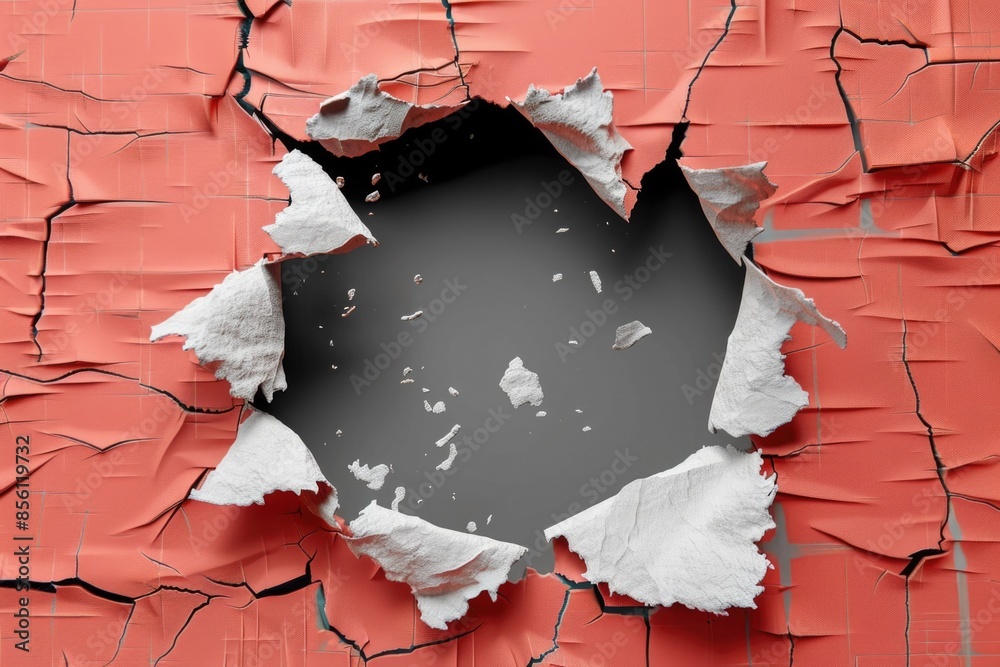 Poster a hole in a wall with a bright red paint job, suitable for use in interior design or diy projects