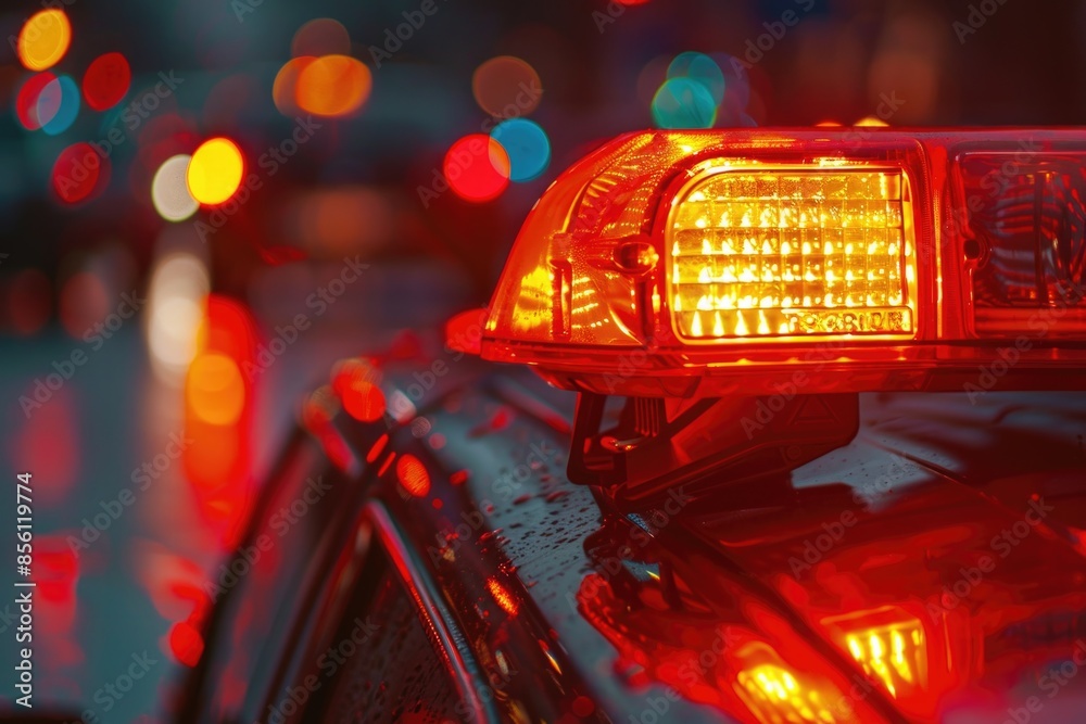 Poster Close-up view of a bright red warning light on top of a car, often used as a traffic indicator or hazard signal
