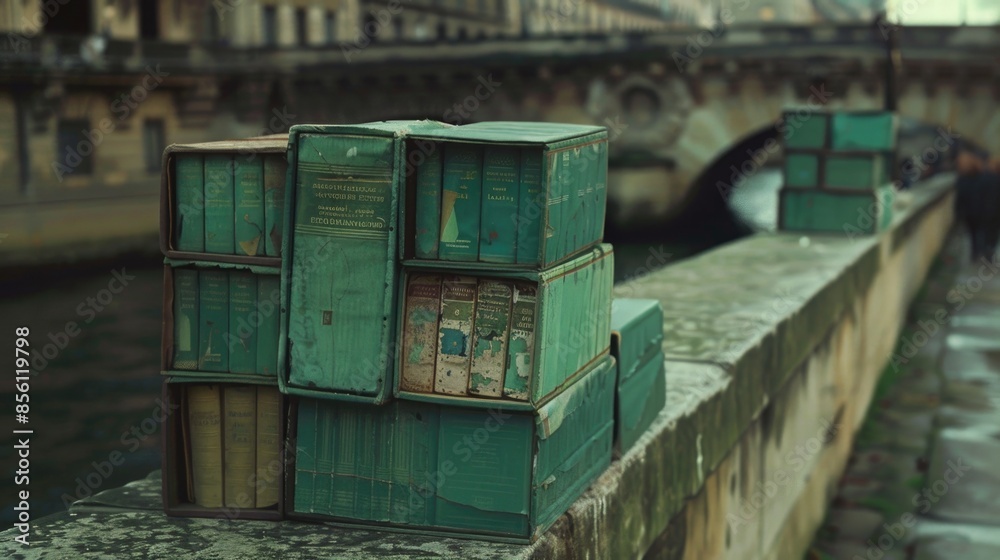 Poster a collection of green crates stacked on top of a concrete wall, suitable for use in industrial or ur