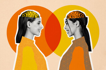 Composite photo collage of two happy girls friends cut head brain organ neurology mind cortex brainstorm isolated on painted background
