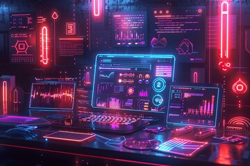 Obraz premium Cyberpunk Workstation with Neon Lights