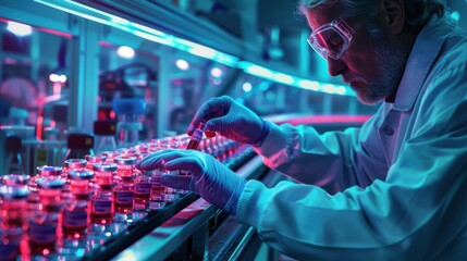 A man in a lab coat is working with a red liquid in a lab