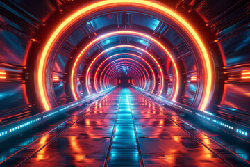 Naklejka premium Spaceship traveling through a hyperdrive corridor, leaving a neon wake,