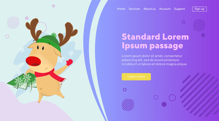 Cute reindeer carrying fir-tree vector illustration. Christmas design element. Holiday, New year concept for posters or banners.