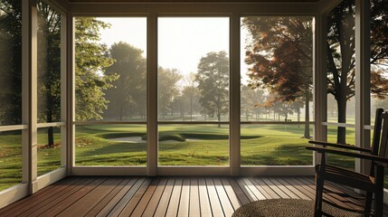 Fototapeta premium A tranquil view of a golf course from a screened porch