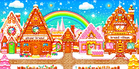8bits Pixel art of gingerbread village is decorated with ginger bread houses, candy trees and rainbow sky