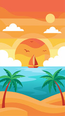 Cartoon beach with palm trees and sun rising over ocean