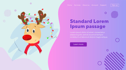 Cute reindeer with lights garland on antlers. Christmas design element. Holiday, party, celebration concept for posters or banners.