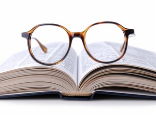 A pair of eyeglasses on top of an open book, realistic photo, clipping path, isolated on white background