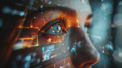 Augmented reality experience, woman reflecting data and graphics in her eye