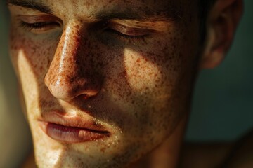 Obraz premium A close-up photo of a man's face with visible freckles, suitable for use in portraits or beauty-related contexts