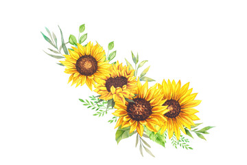 Fototapeta premium Sunflower in Watercolor floral illustration. Yellow flowers for wedding design, thanksgiving decoration, fabric, greeting cards