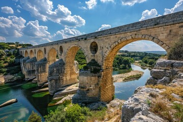 Fototapeta premium A scenic view of a bridge over a river against a blue sky, perfect for travel or nature-related content