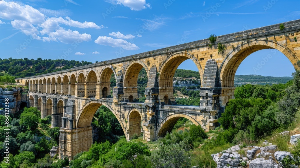 Poster image of an arched bridge with several arches spanning over water or land, suitable for use in infra