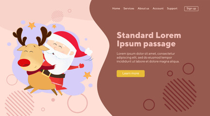 Cartoon Santa Claus and deer vector illustration. Santa riding on christmas deer on background with stars. Christmas, holiday concept for banner or landing page