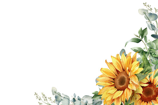 Eucalyptus and sunflower corner border Watercolor sunflower arrangement on transparent background