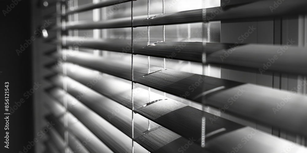 Poster A simple black and white photograph of a window with closed blinds, suitable for use in designs where a subtle background is needed