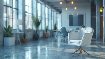 Modern open space office interior with stylish furniture and large windows, creating a bright and inviting work environment.