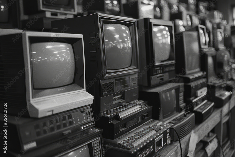 Aufkleber rows of old-school computers in repetition with monochrome displays,