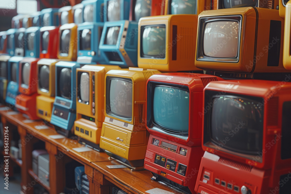 Poster retro computers in a repetitive arrangement, showcasing their iconic designs,