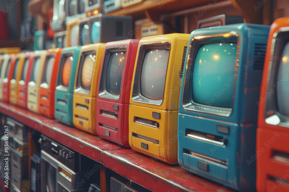 Aufkleber Rows of retro computers with colorful screens, creating a repetitive visual effect,