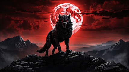 Menacing WEREWOLF or large wolf striking the neighbourhoods devil red moonlit forest, horrific dark night with the full Moon