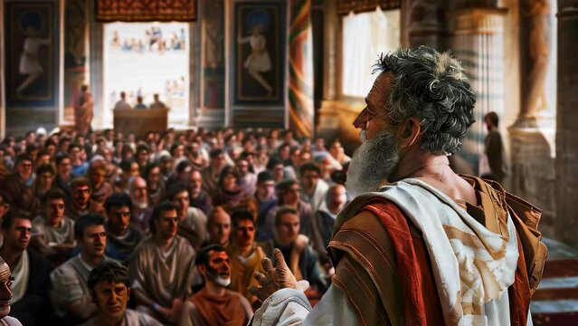 Ancient philosophers speaking to audience in a historical setting