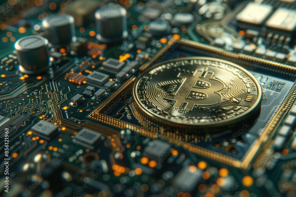 Poster A close-up view of a Bitcoin digital currency icon on a computer motherboard