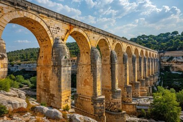 Fototapeta premium A large stone bridge spanning over a lush green valley with rolling hills and trees