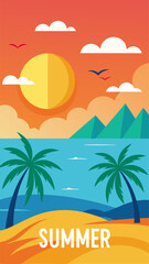 Obraz premium Cartoon beach with palm trees and sun rising over ocean