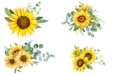 Watercolor sunflower arrangement on transparent background. Floral bouquet arrangement for card, invitation, decoration