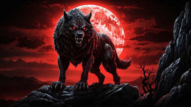Menacing WEREWOLF or large wolf striking the neighbourhoods devil red moonlit forest, horrific dark night with the full Moon