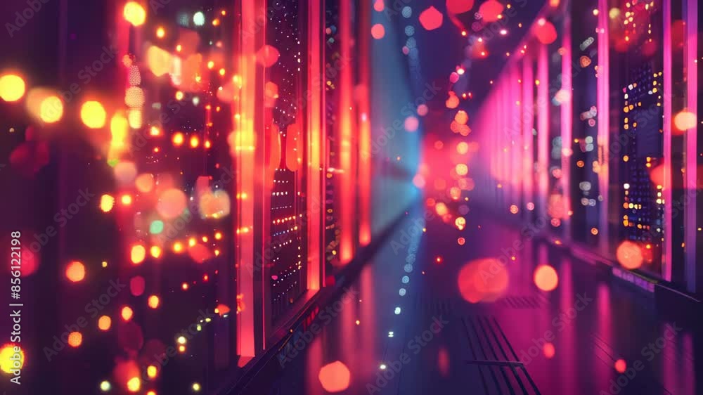 Poster a row of computer servers in a data center. concept of cyberspace, communication and technology.
