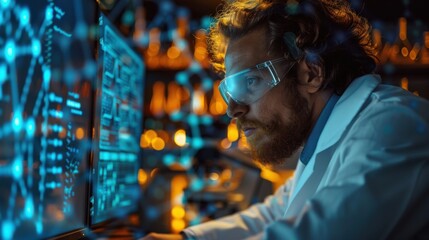 Fototapeta premium A man in a lab coat is looking at a computer screen with a blue background