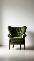 green velvet armchair, white background, minimalist photography style raw