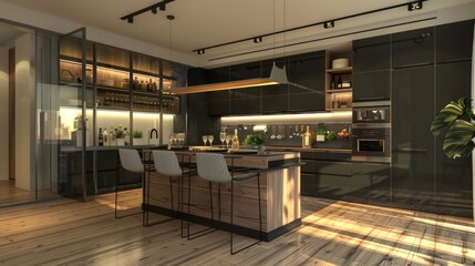 A large kitchen with a wooden floor and black cabinets, ideal for cooking and entertaining