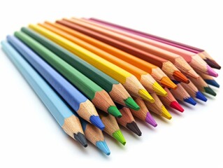 A set of colored pencils in a case, realistic photo, clipping path, isolated on white background