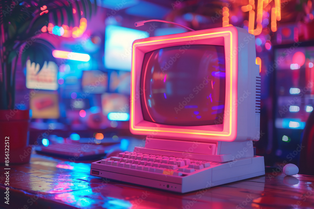 Poster neon-themed retro computer environment with colorful, vivid elements,