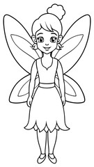 Black and white drawing of a fairy with wings flying in the air